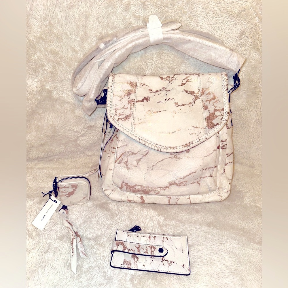 New Aimee Kestenberg Rose Gold Marble All For Love Bag, Purse Charm & Val wallet